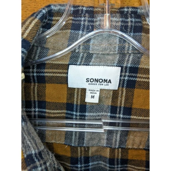 SONOMA Sz M Supersoft Flannel Navy Blue Gray Orange Plaid L/S Shirt Mens - Picture 3 of 4